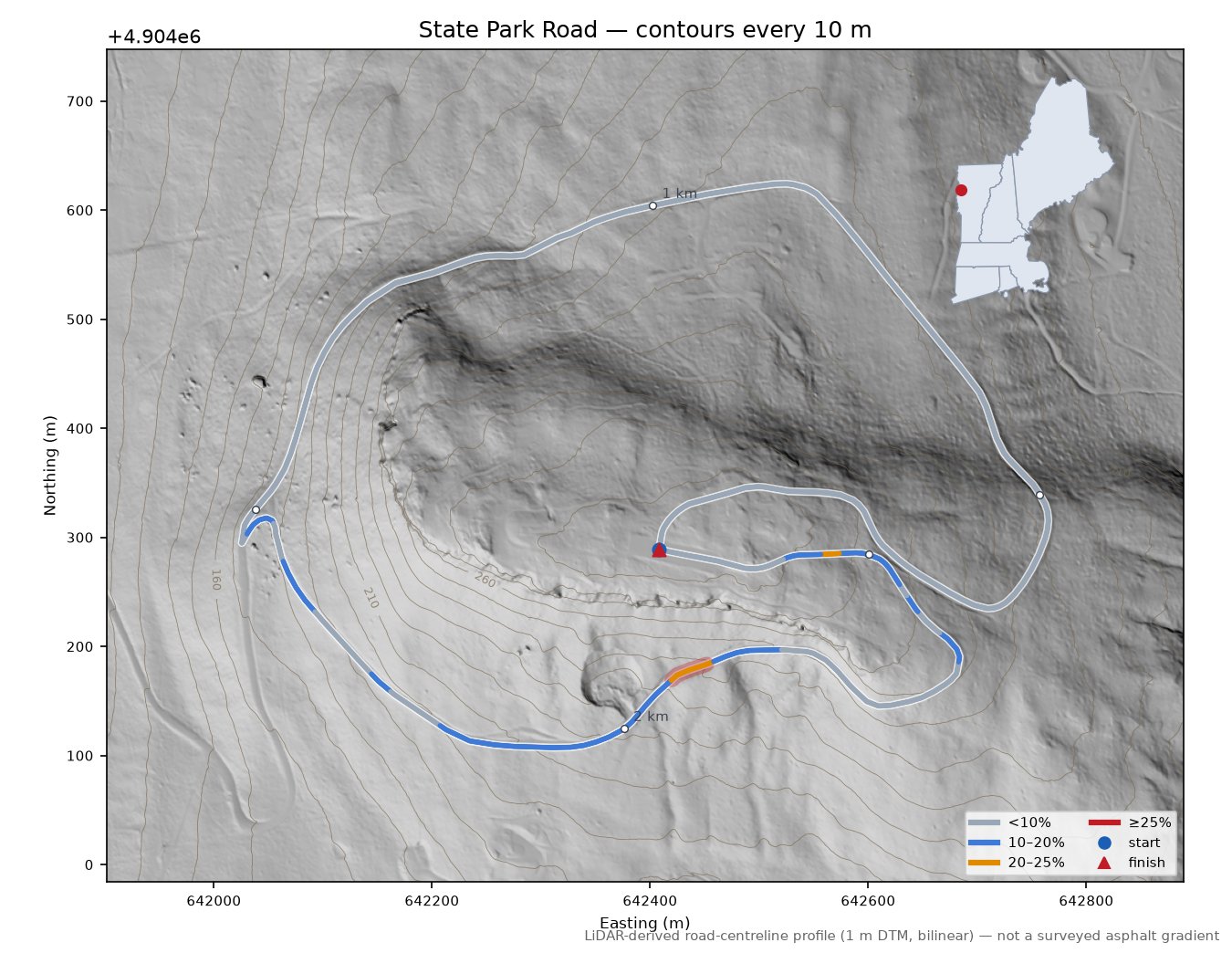 State Park Road LiDAR hillshade map with contours