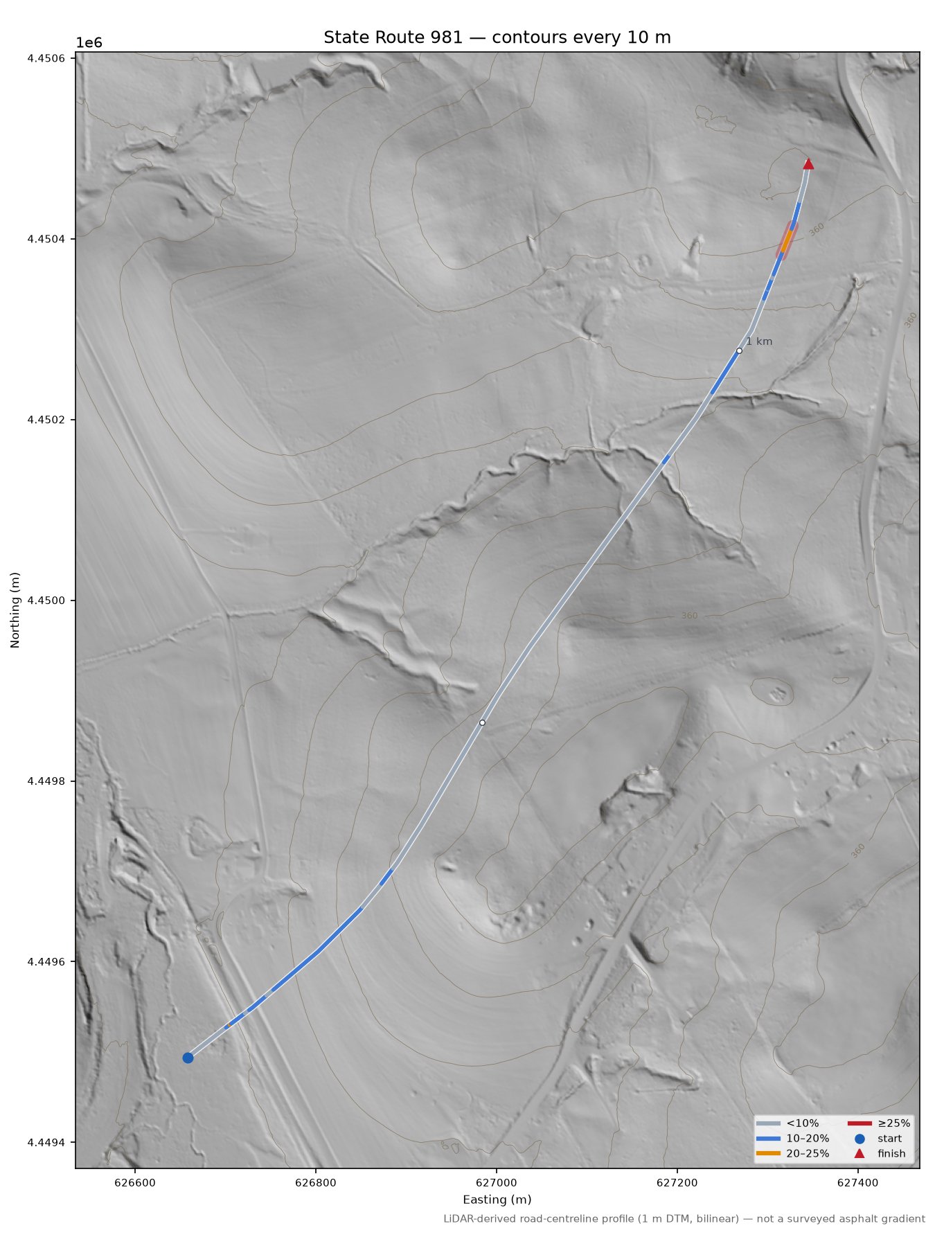 State Route 981 LiDAR hillshade map with contours