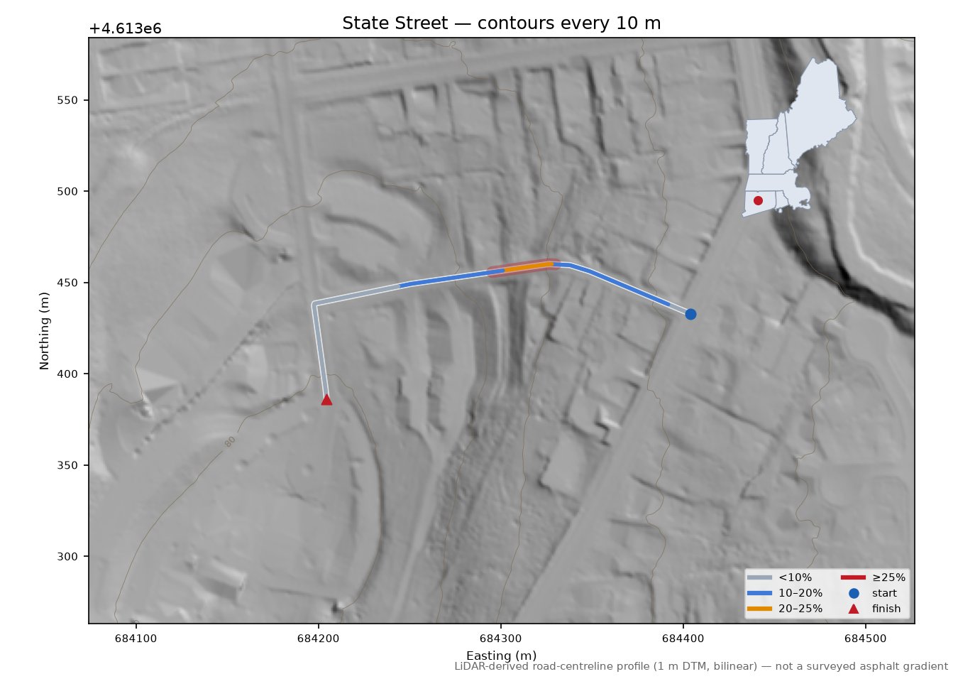 State Street LiDAR hillshade map with contours