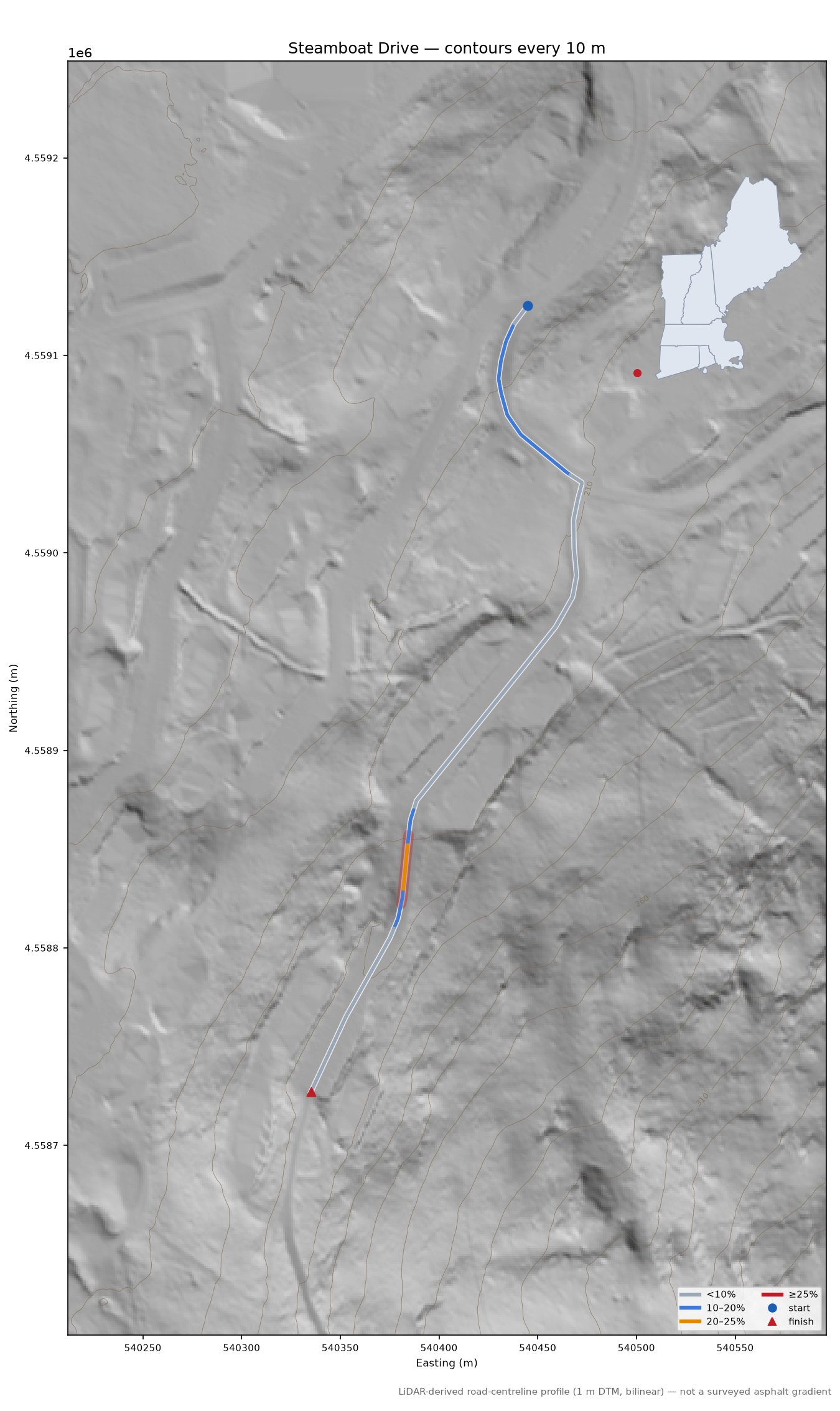 Steamboat Drive LiDAR hillshade map with contours