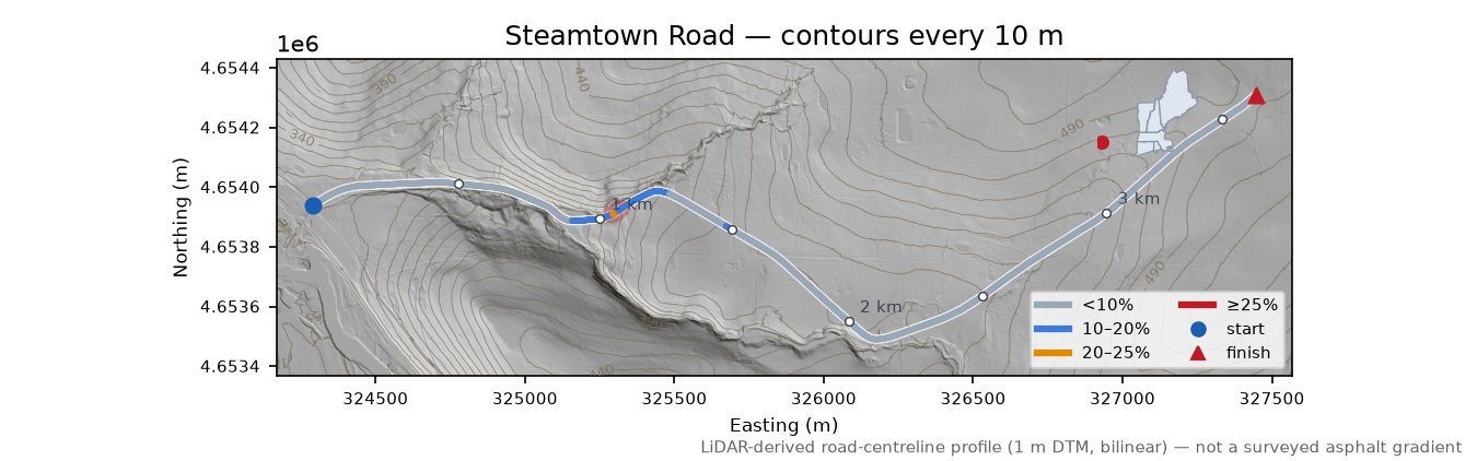 Steamtown Road LiDAR hillshade map with contours