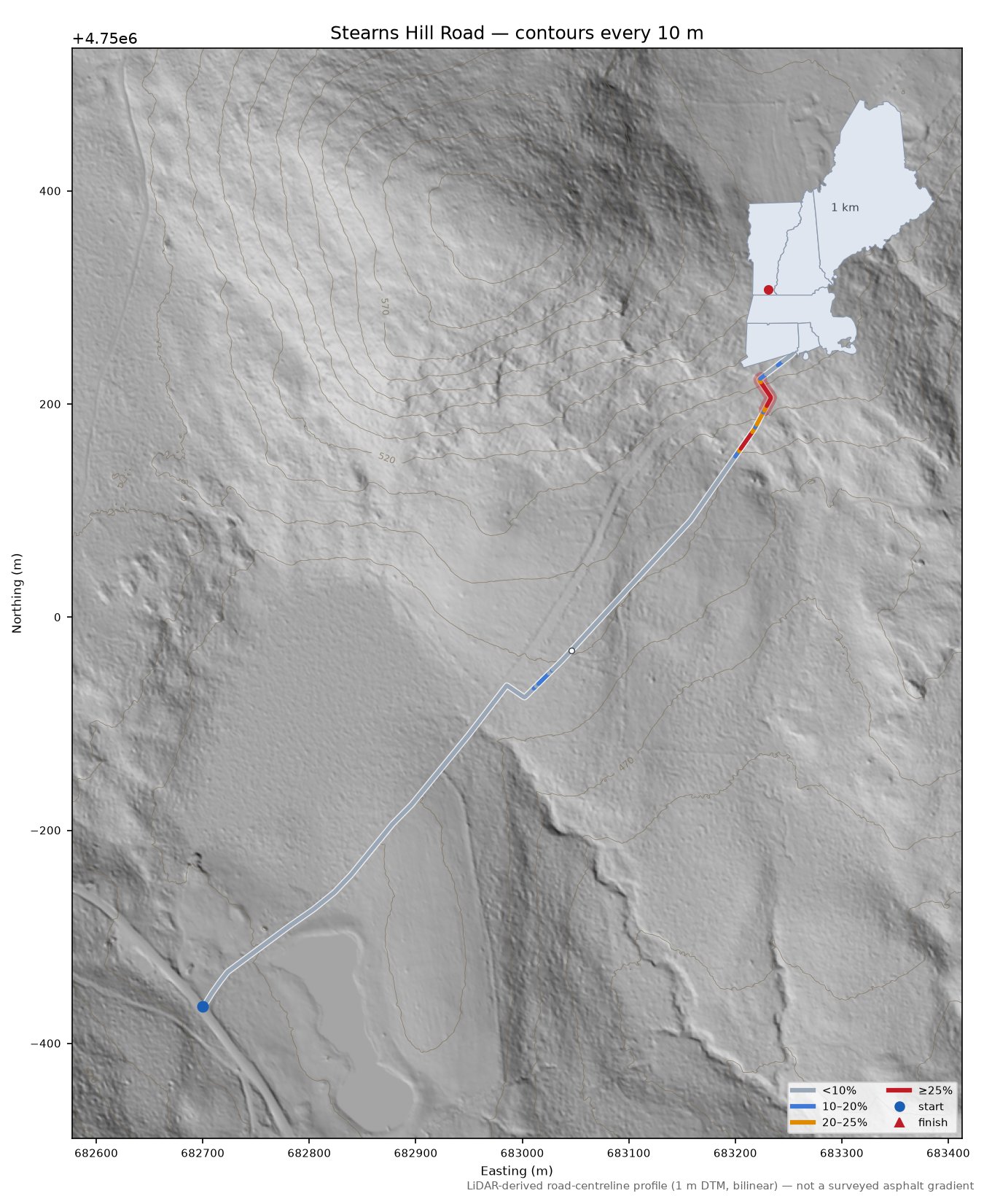 Stearns Hill Road LiDAR hillshade map with contours