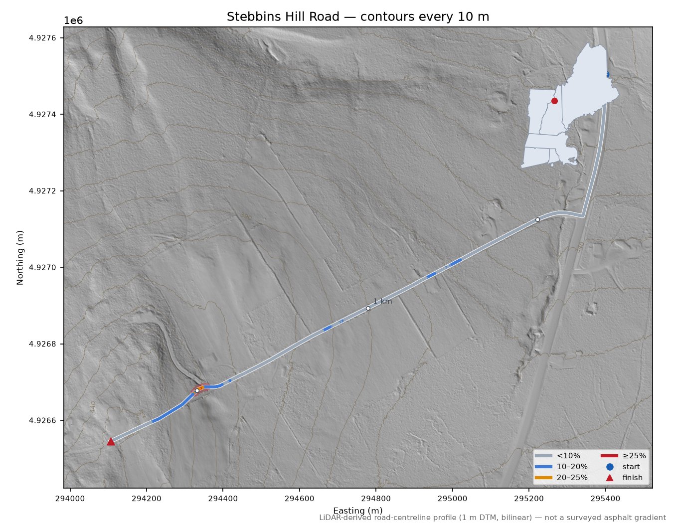 Stebbins Hill Road LiDAR hillshade map with contours