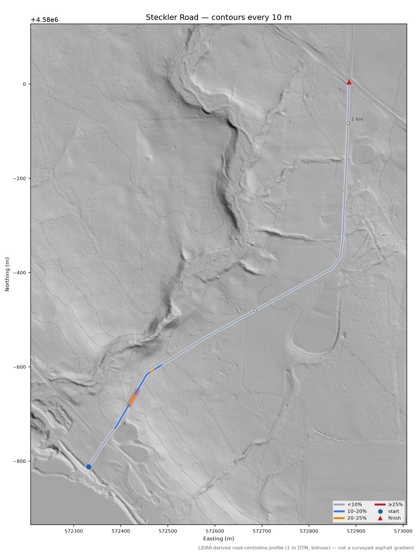 Steckler Road LiDAR hillshade map with contours