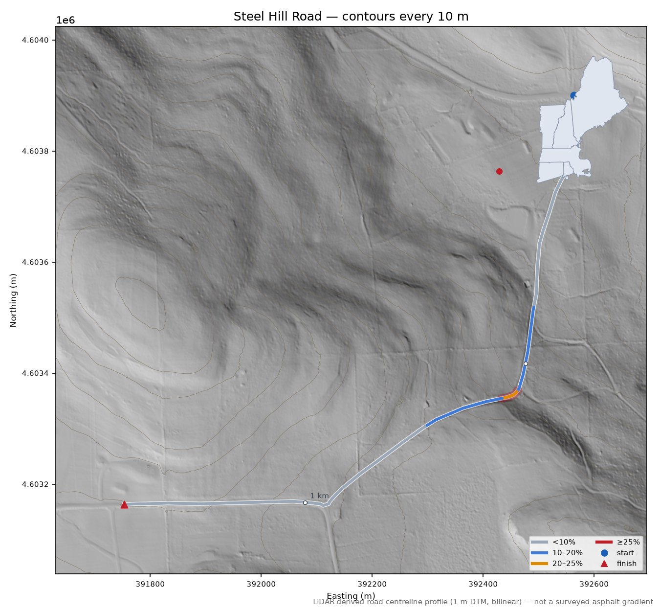 Steel Hill Road LiDAR hillshade map with contours
