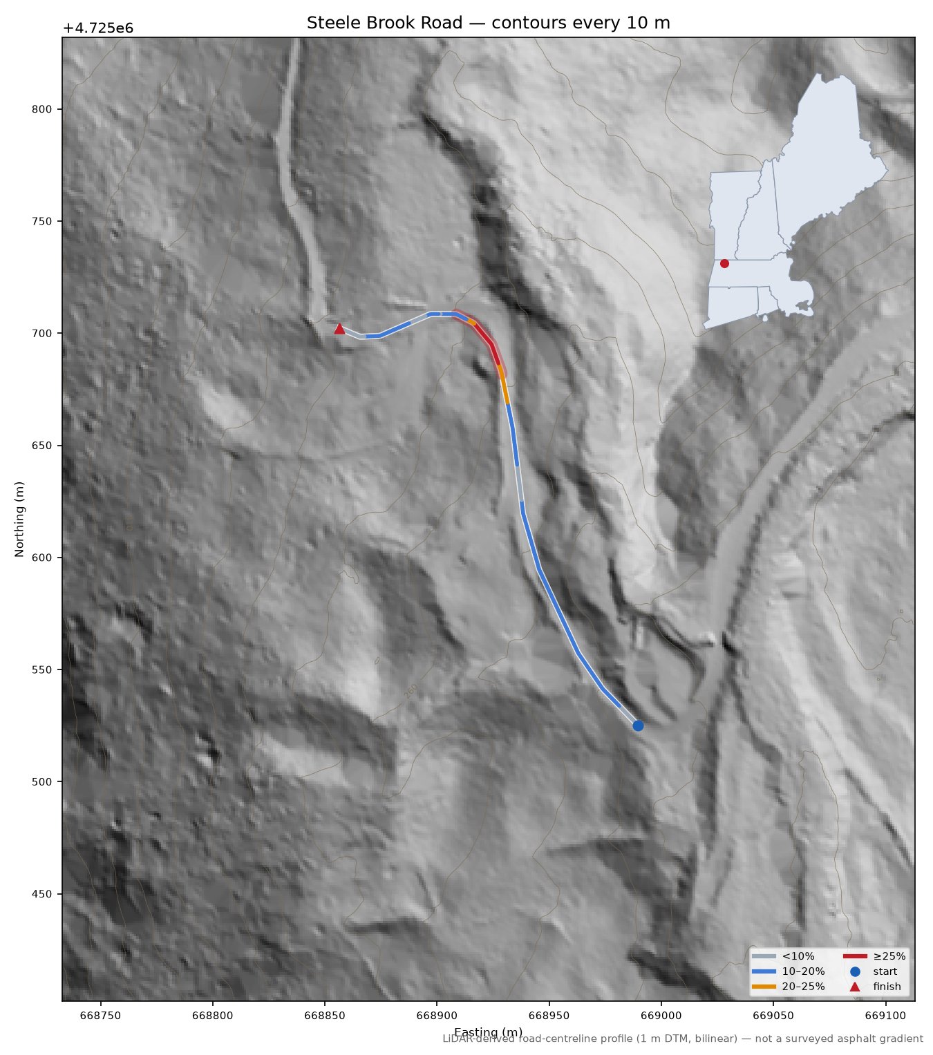 Steele Brook Road LiDAR hillshade map with contours