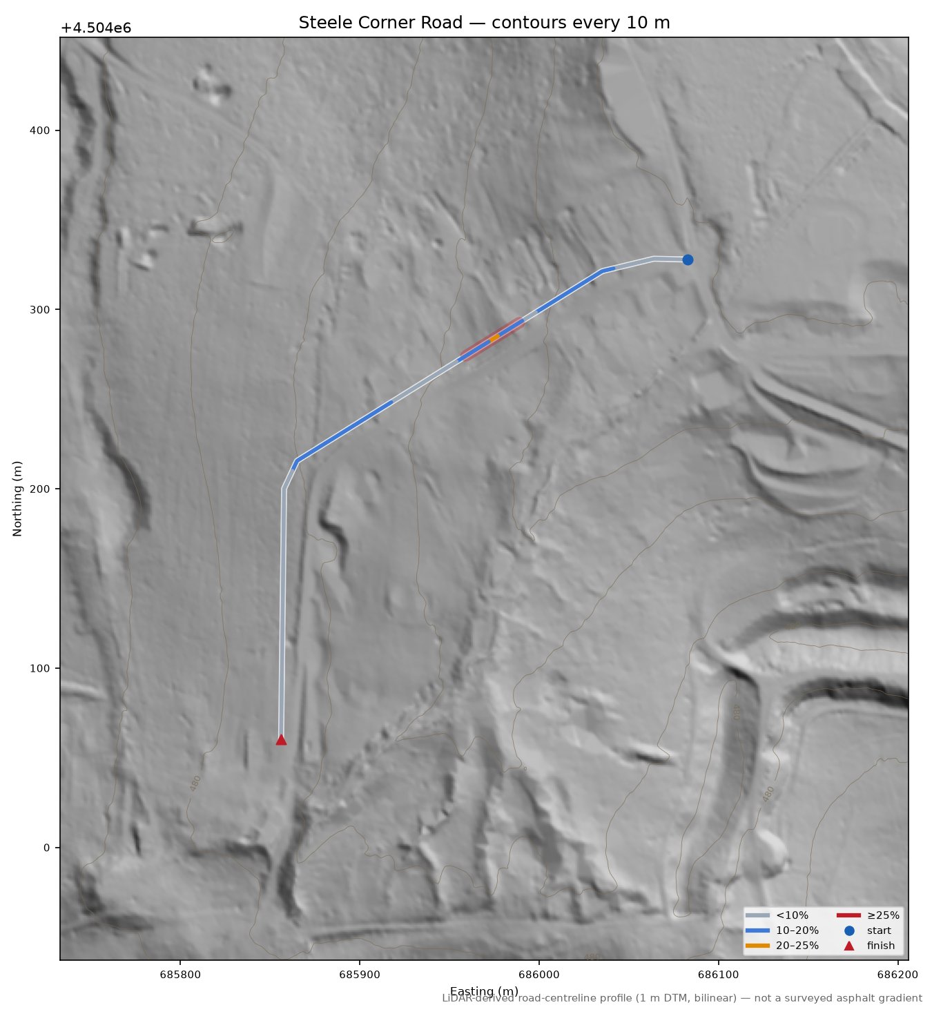 Steele Corner Road LiDAR hillshade map with contours