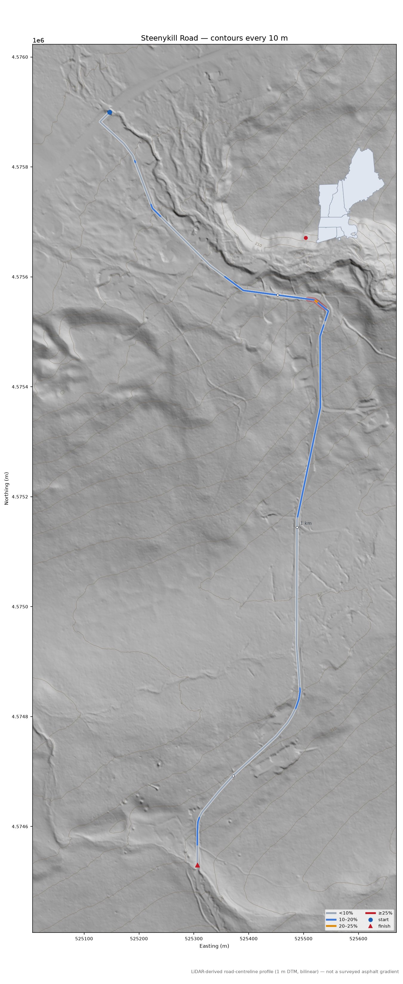 Steenykill Road LiDAR hillshade map with contours