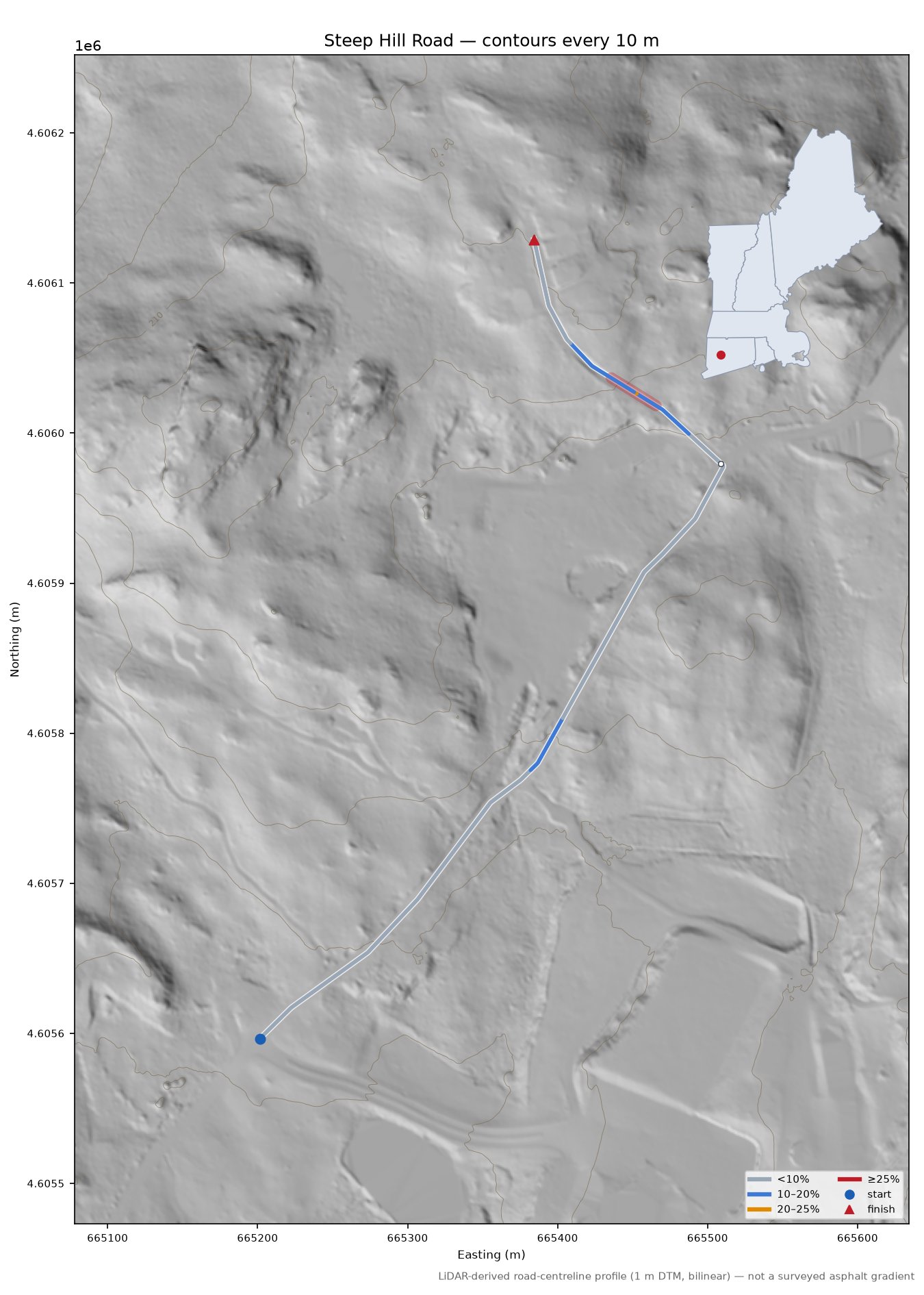 Steep Hill Road LiDAR hillshade map with contours