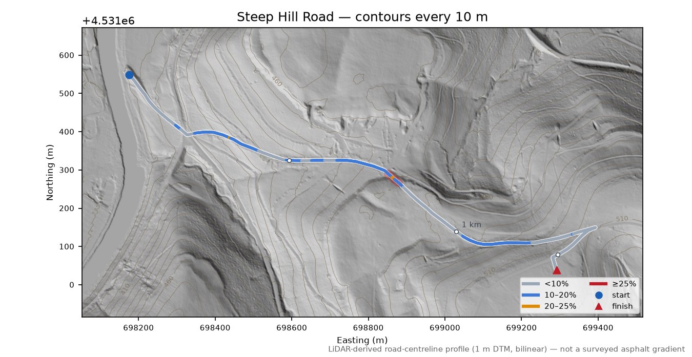 Steep Hill Road LiDAR hillshade map with contours