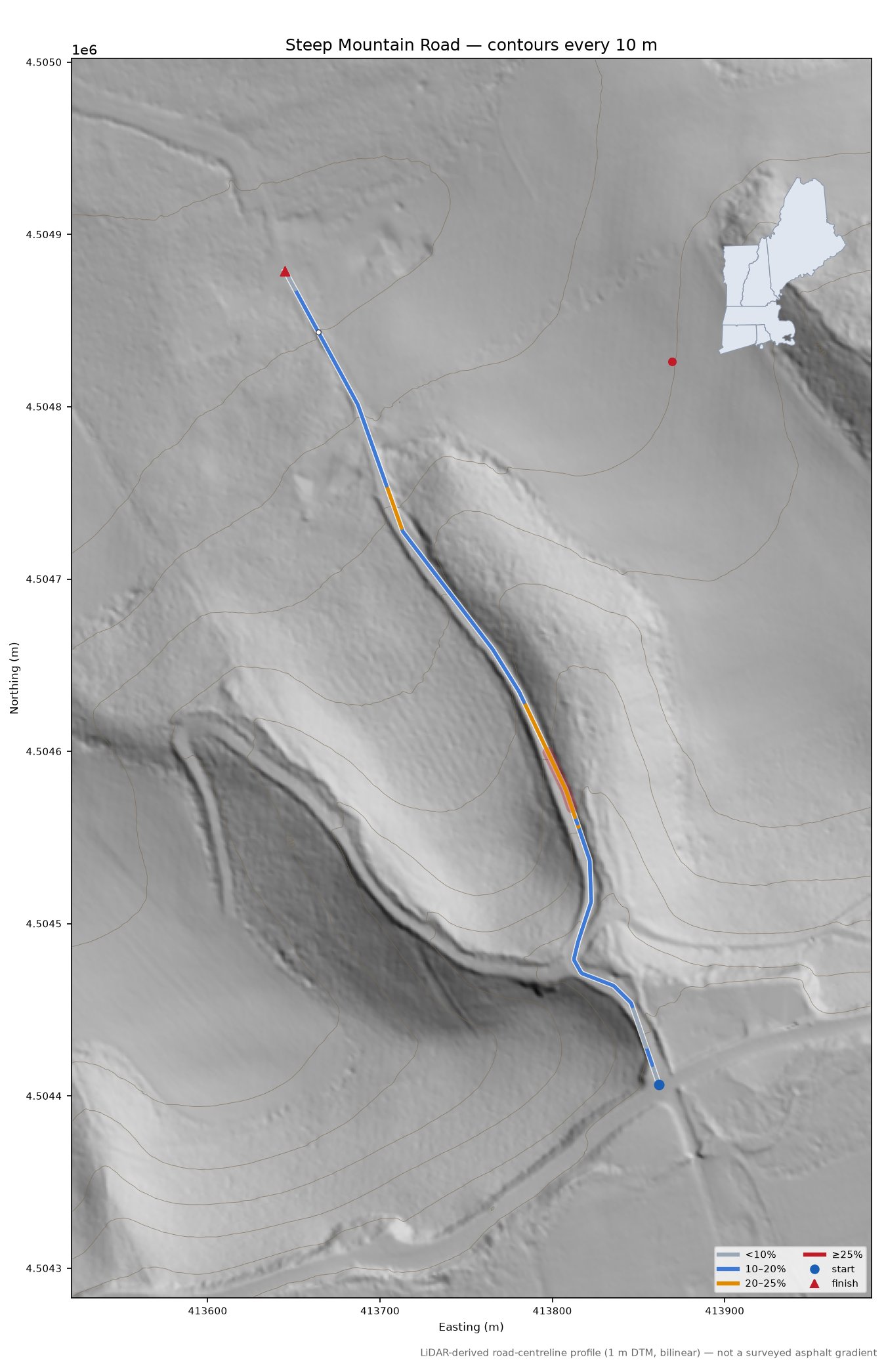 Steep Mountain Road LiDAR hillshade map with contours