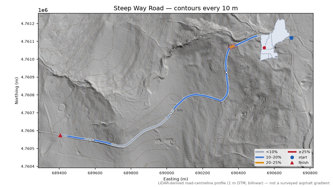 Steep Way Road LiDAR hillshade map with contours