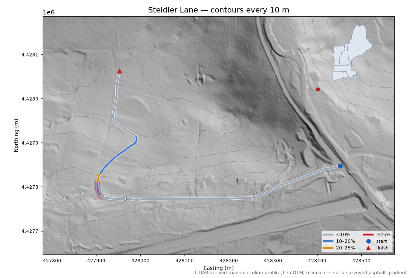 Steidler Lane LiDAR hillshade map with contours