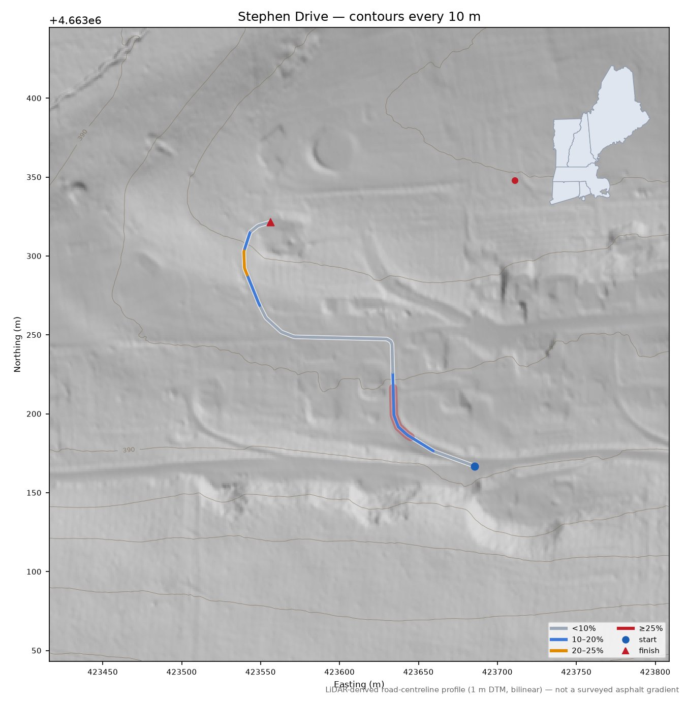 Stephen Drive LiDAR hillshade map with contours