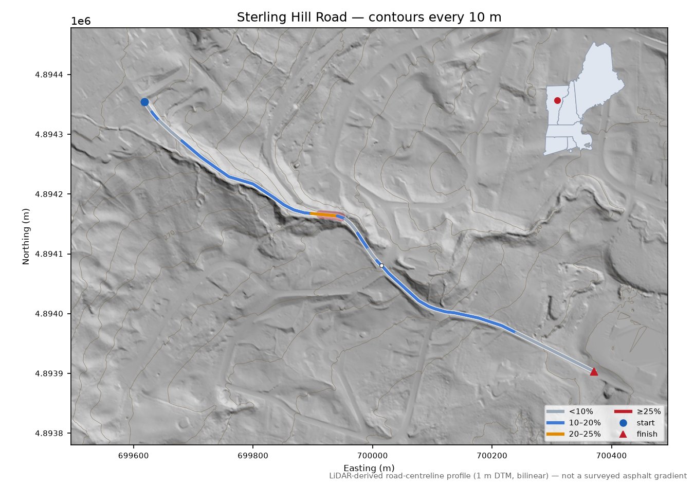 Sterling Hill Road LiDAR hillshade map with contours