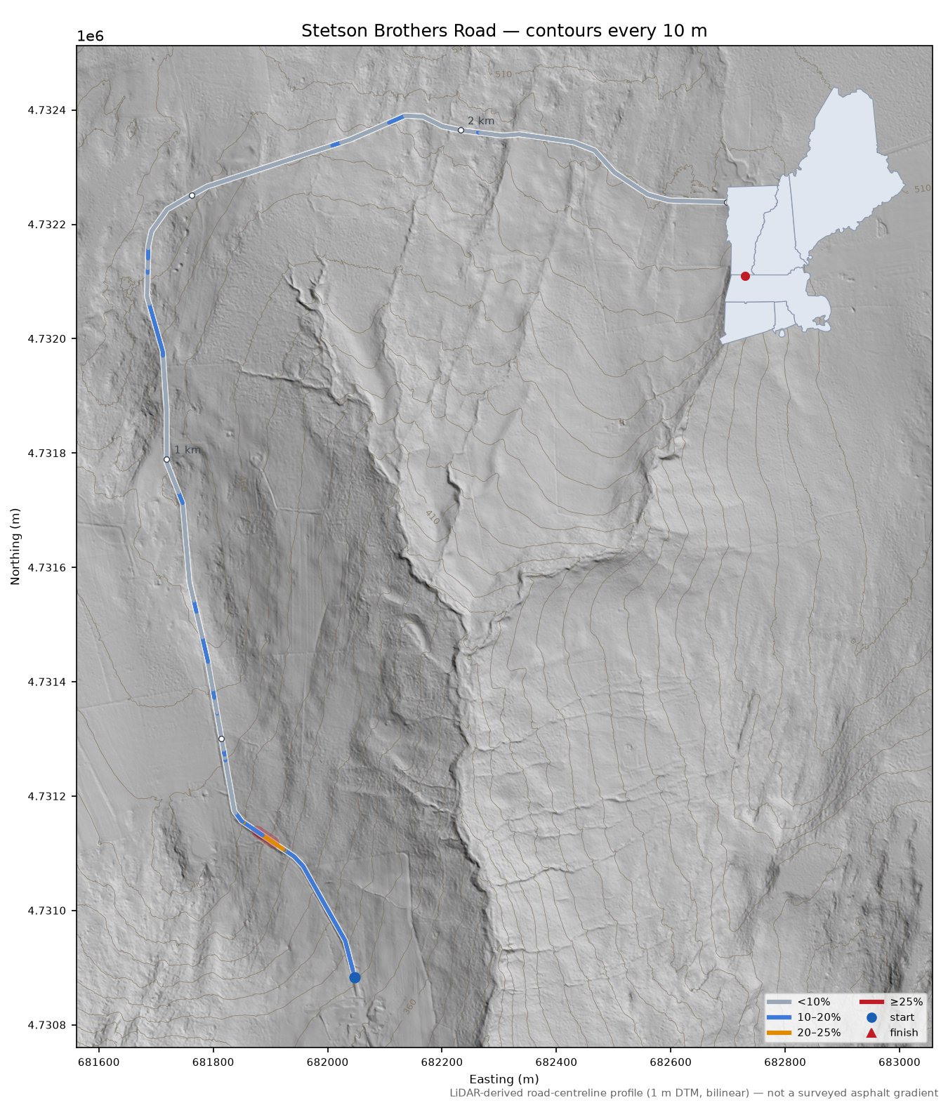Stetson Brothers Road LiDAR hillshade map with contours