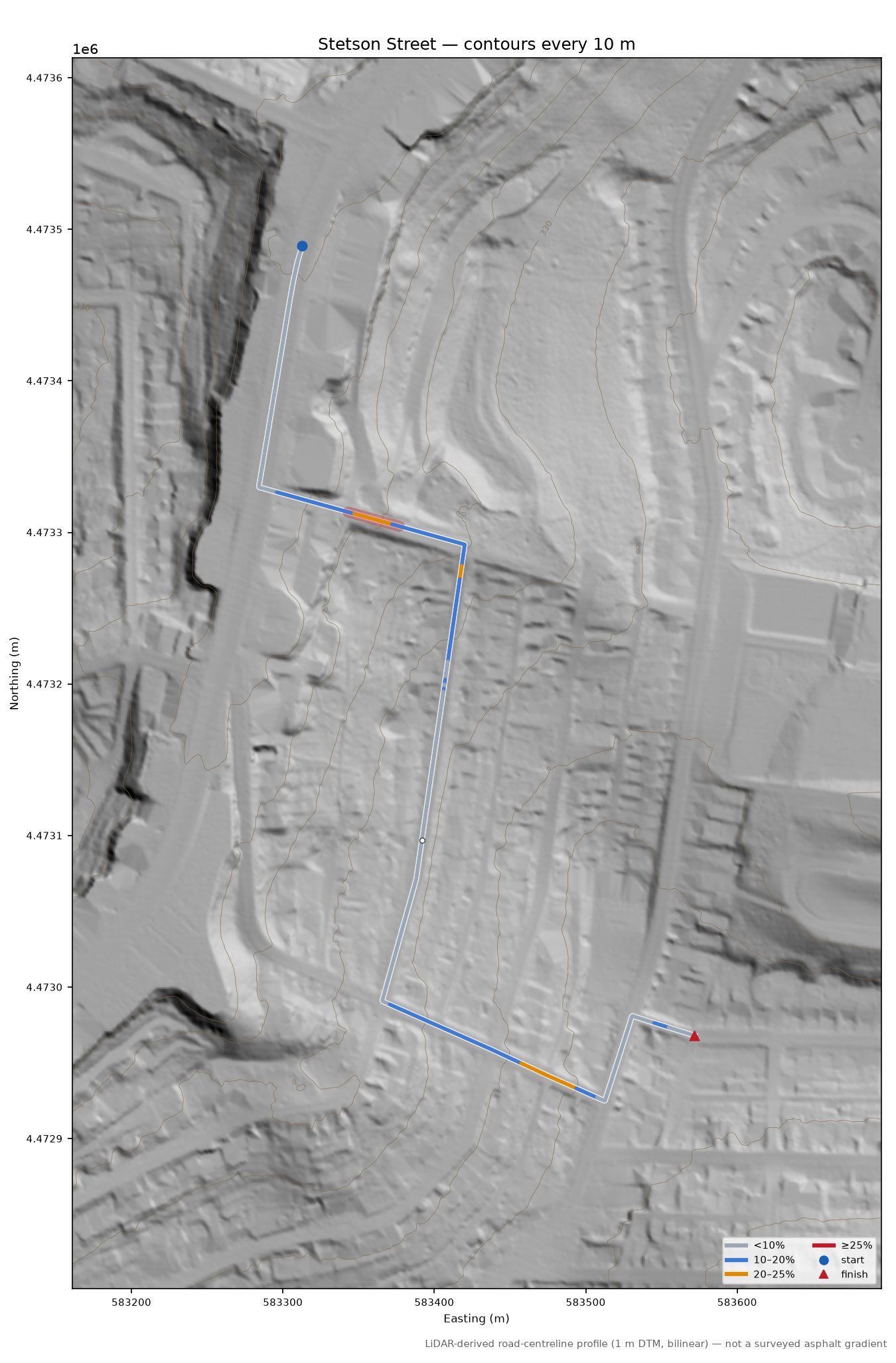 Stetson Street LiDAR hillshade map with contours