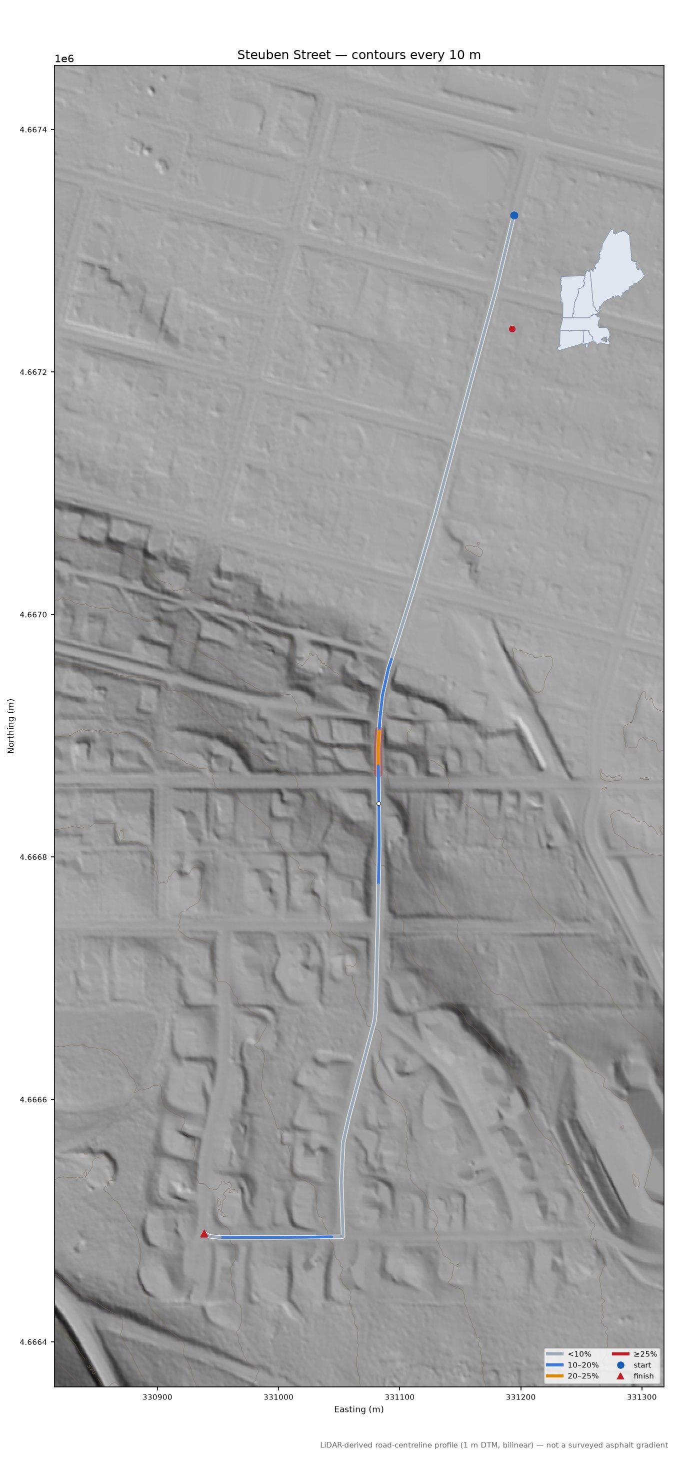 Steuben Street LiDAR hillshade map with contours
