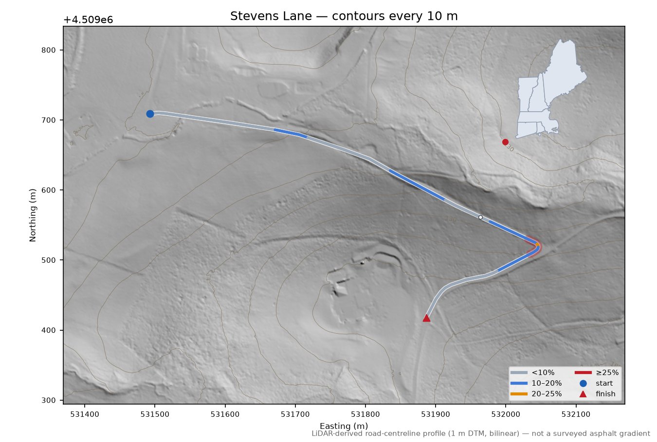 Stevens Lane LiDAR hillshade map with contours