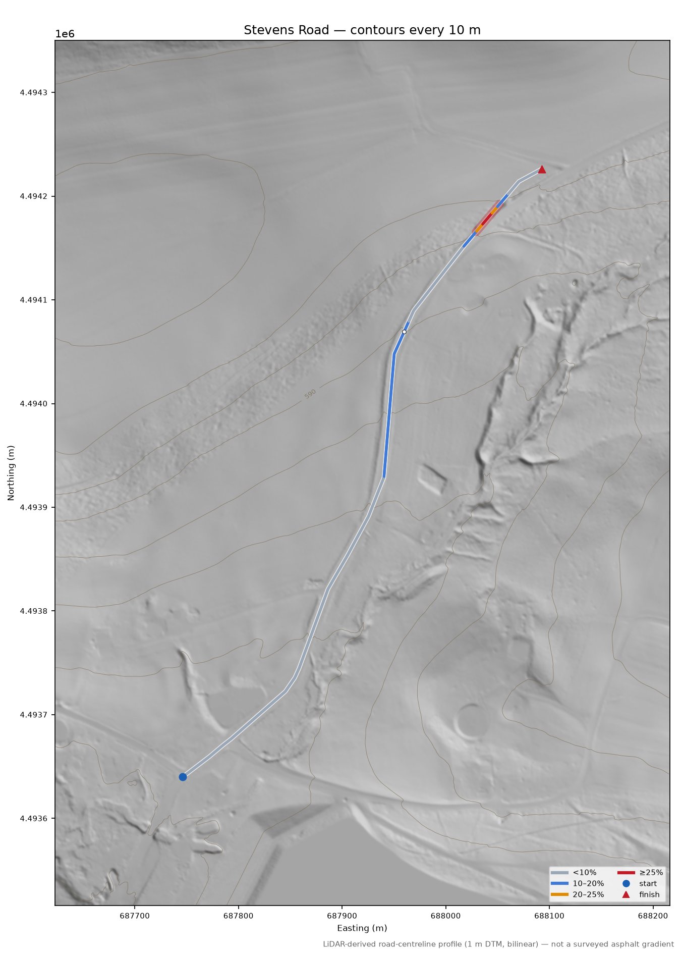 Stevens Road LiDAR hillshade map with contours