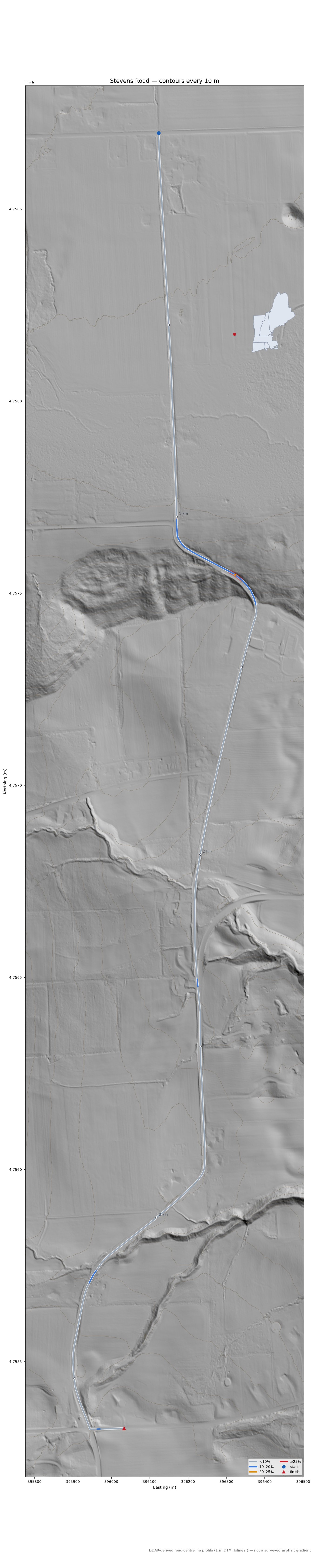 Stevens Road LiDAR hillshade map with contours