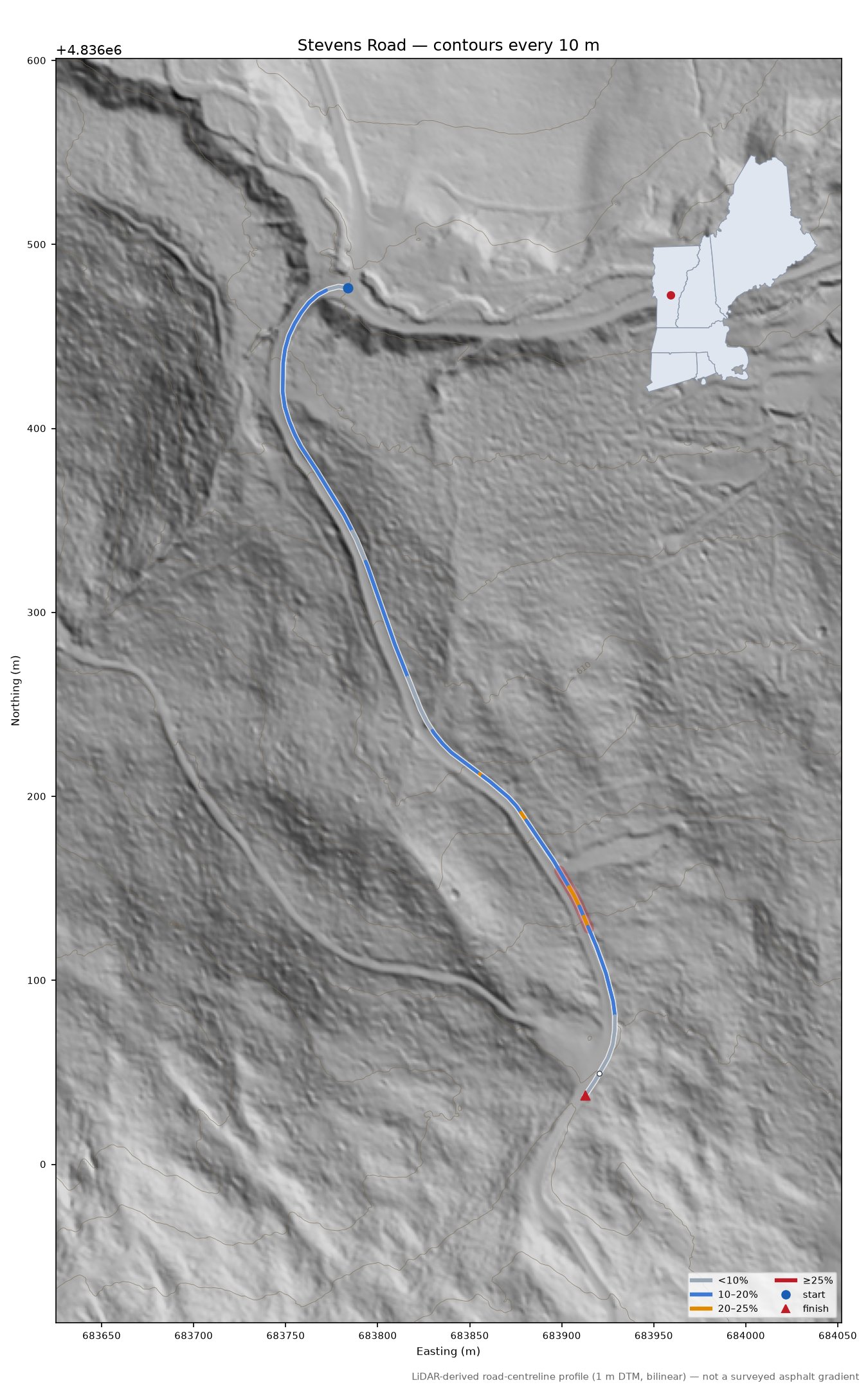 Stevens Road LiDAR hillshade map with contours