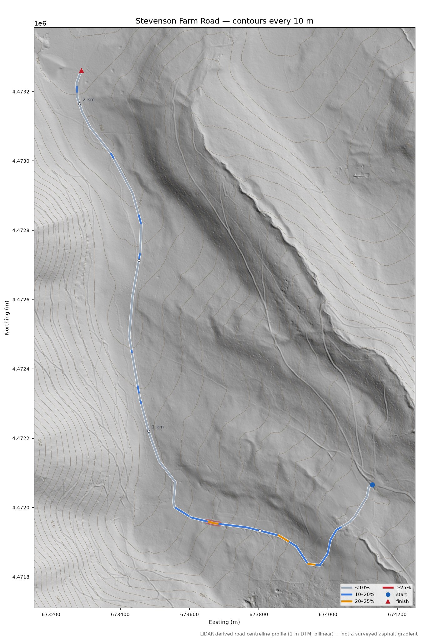 Stevenson Farm Road LiDAR hillshade map with contours