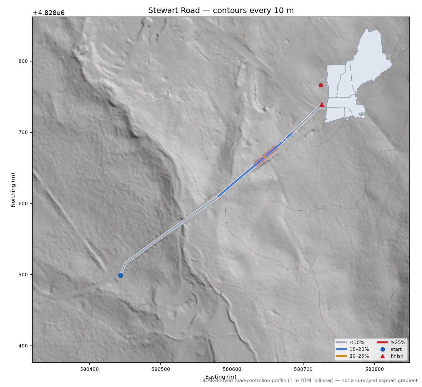 Stewart Road LiDAR hillshade map with contours