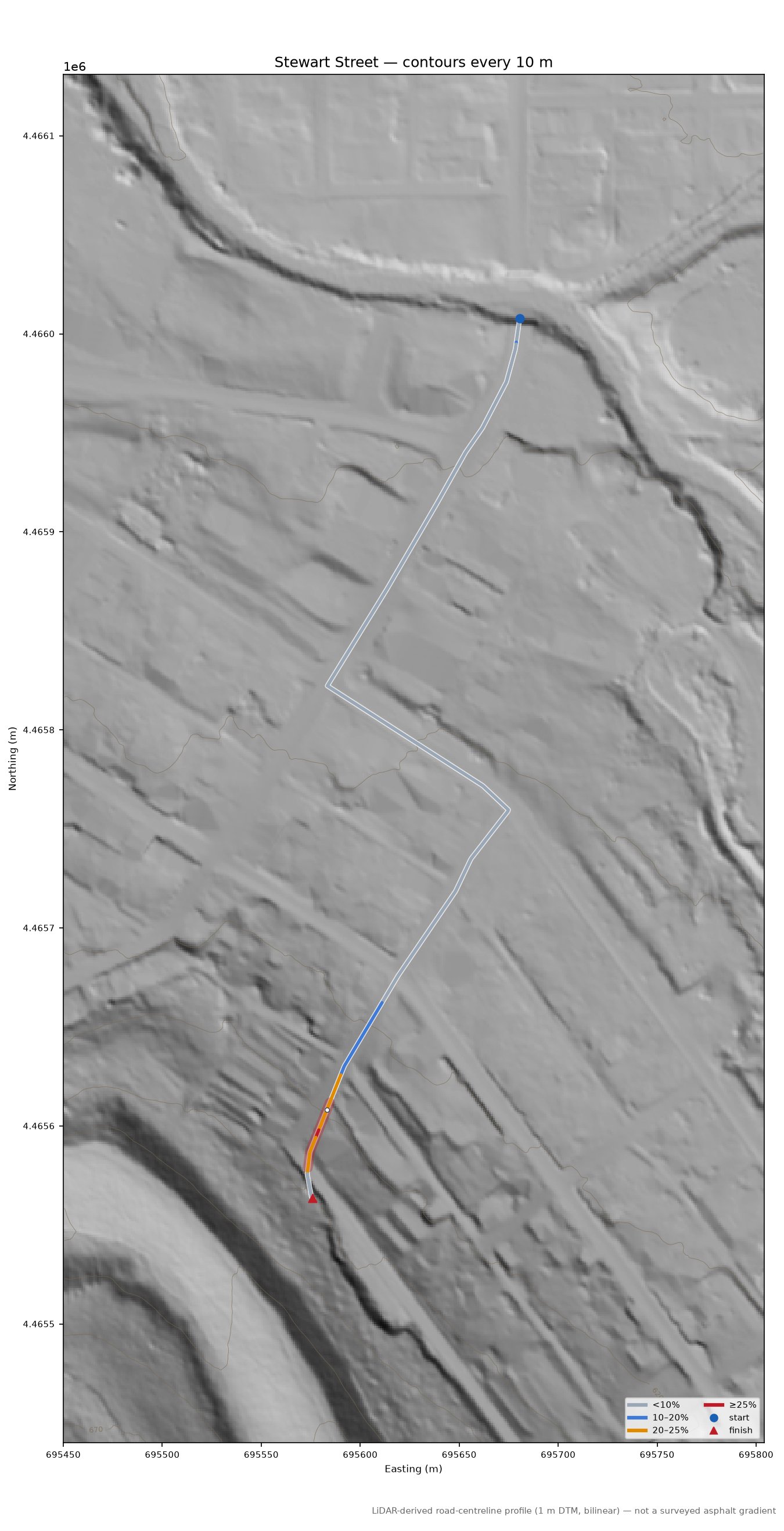 Stewart Street LiDAR hillshade map with contours
