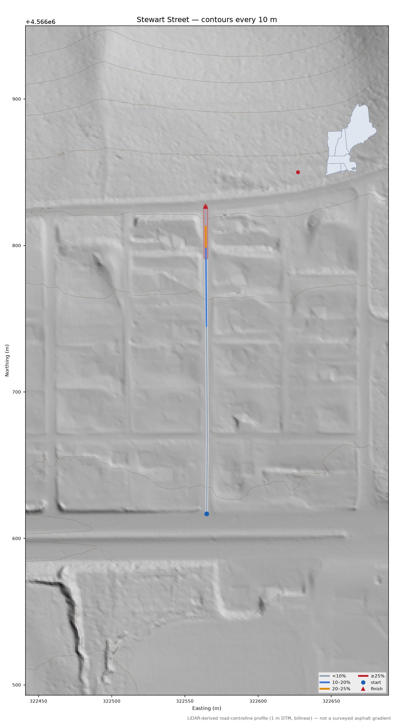 Stewart Street LiDAR hillshade map with contours