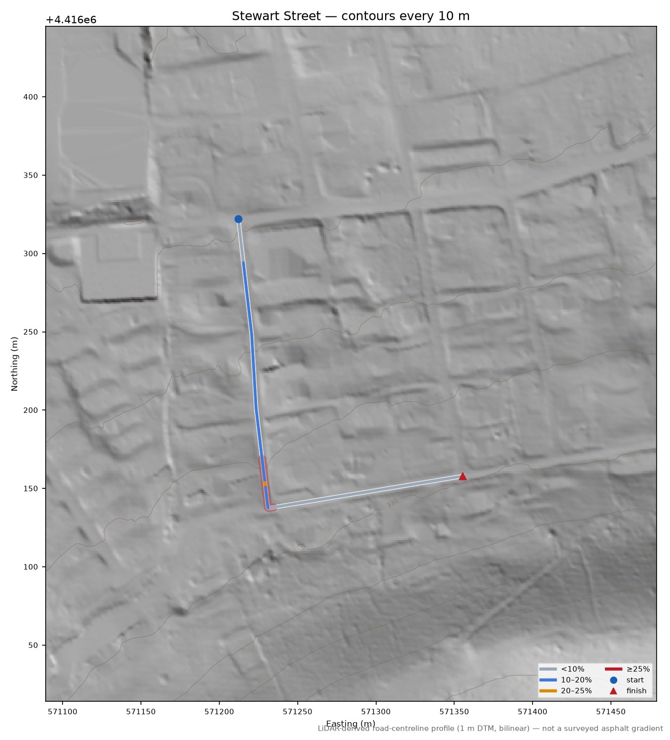 Stewart Street LiDAR hillshade map with contours