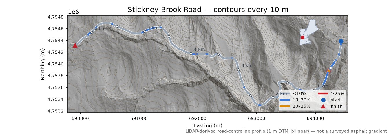 Stickney Brook Road LiDAR hillshade map with contours