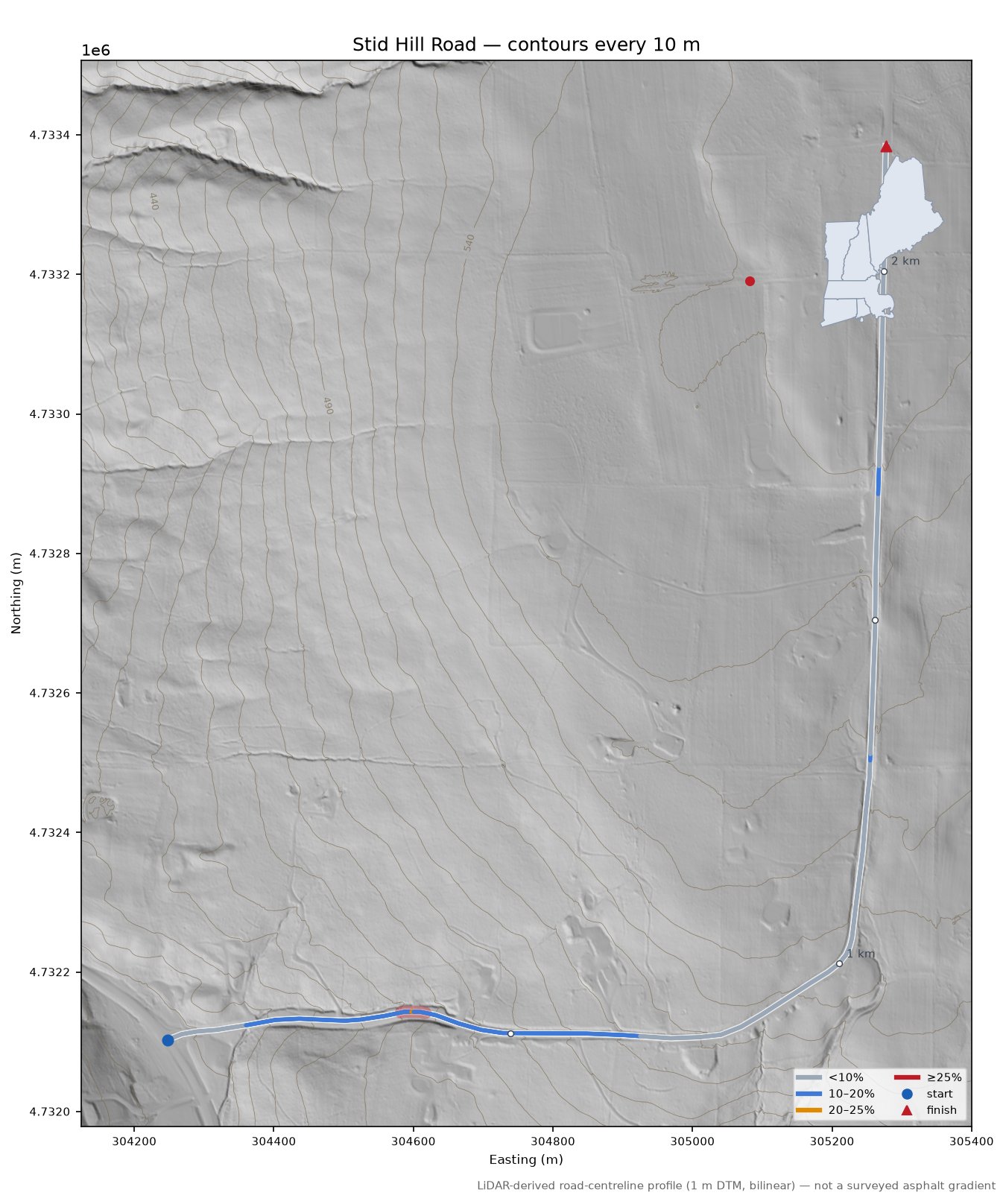 Stid Hill Road LiDAR hillshade map with contours