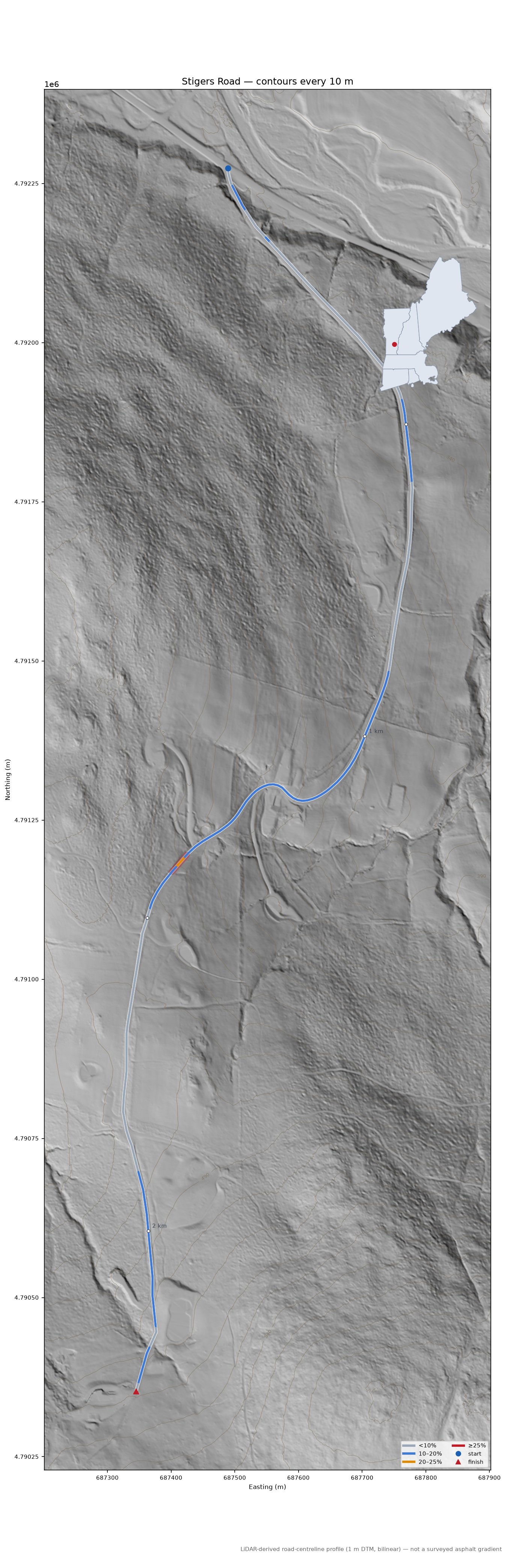 Stigers Road LiDAR hillshade map with contours
