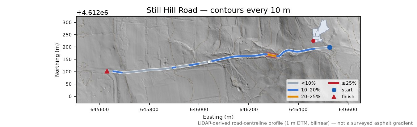 Still Hill Road LiDAR hillshade map with contours