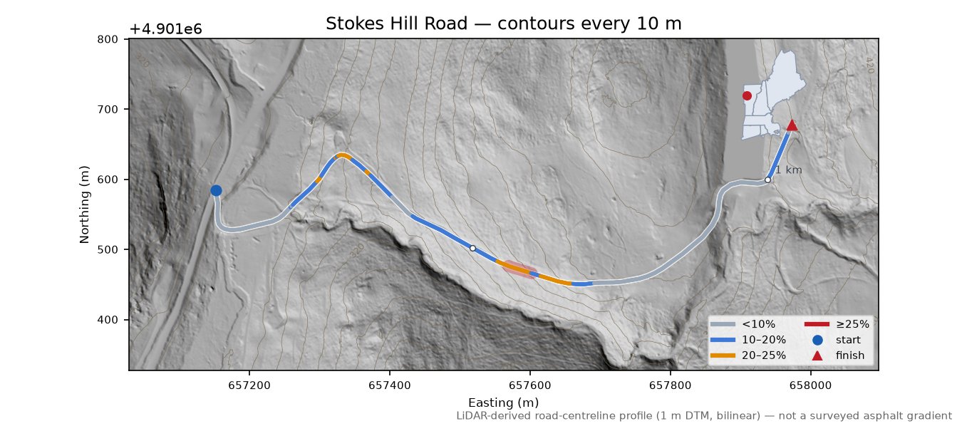 Stokes Hill Road LiDAR hillshade map with contours