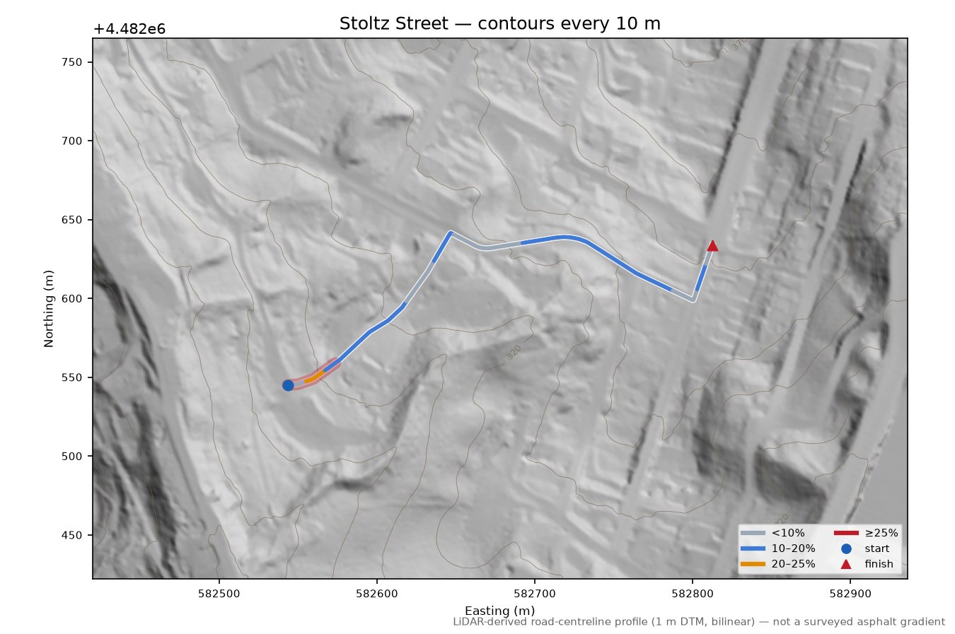 Stoltz Street LiDAR hillshade map with contours