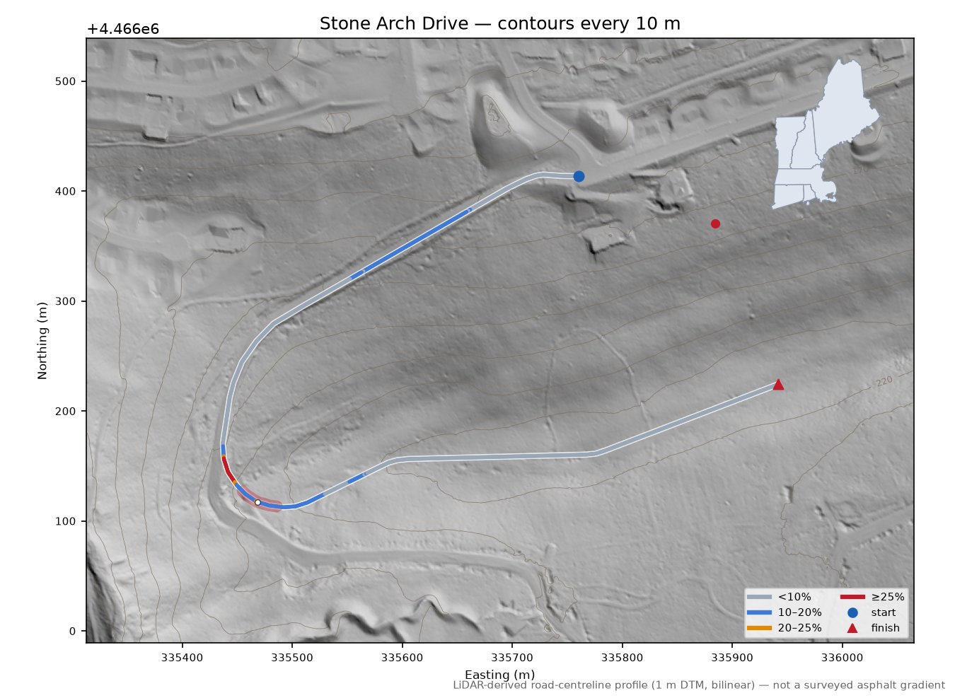 Stone Arch Drive LiDAR hillshade map with contours