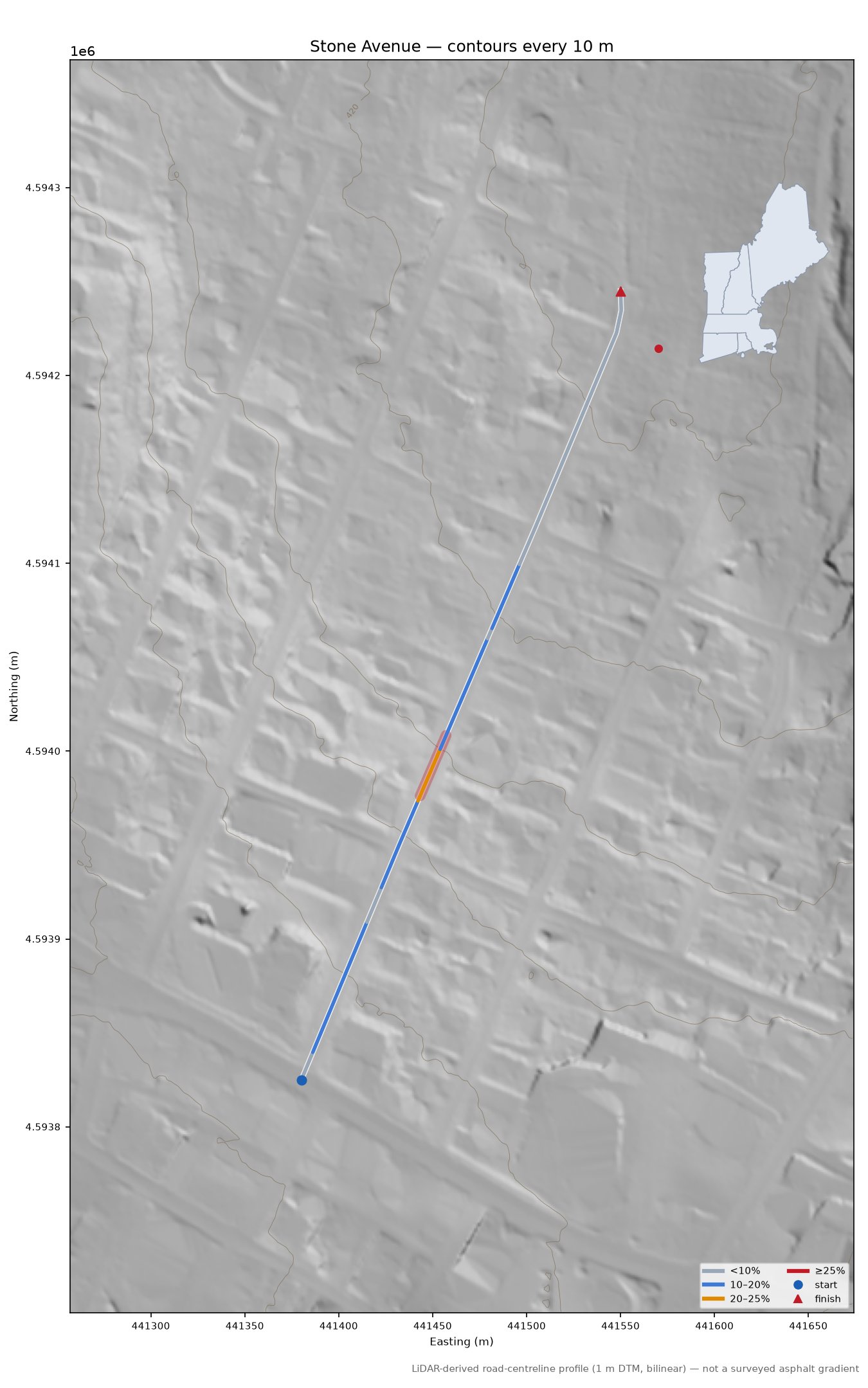 Stone Avenue LiDAR hillshade map with contours