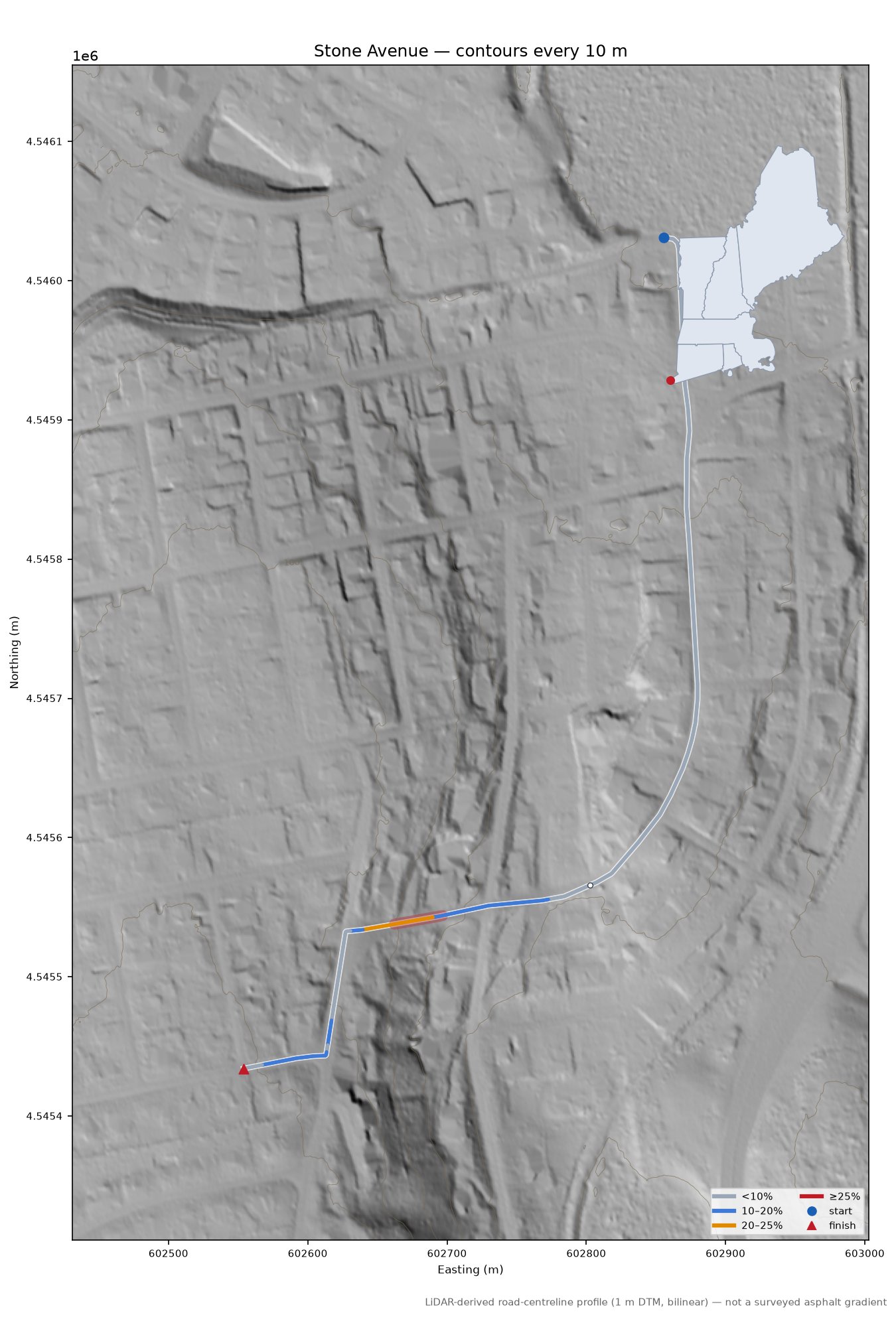 Stone Avenue LiDAR hillshade map with contours