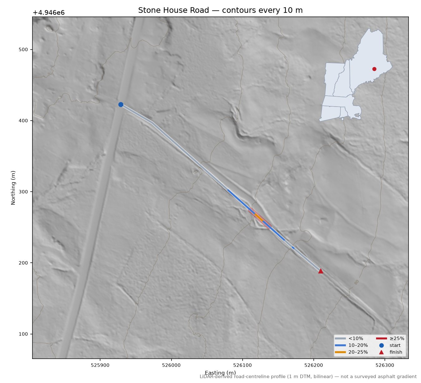 Stone House Road LiDAR hillshade map with contours