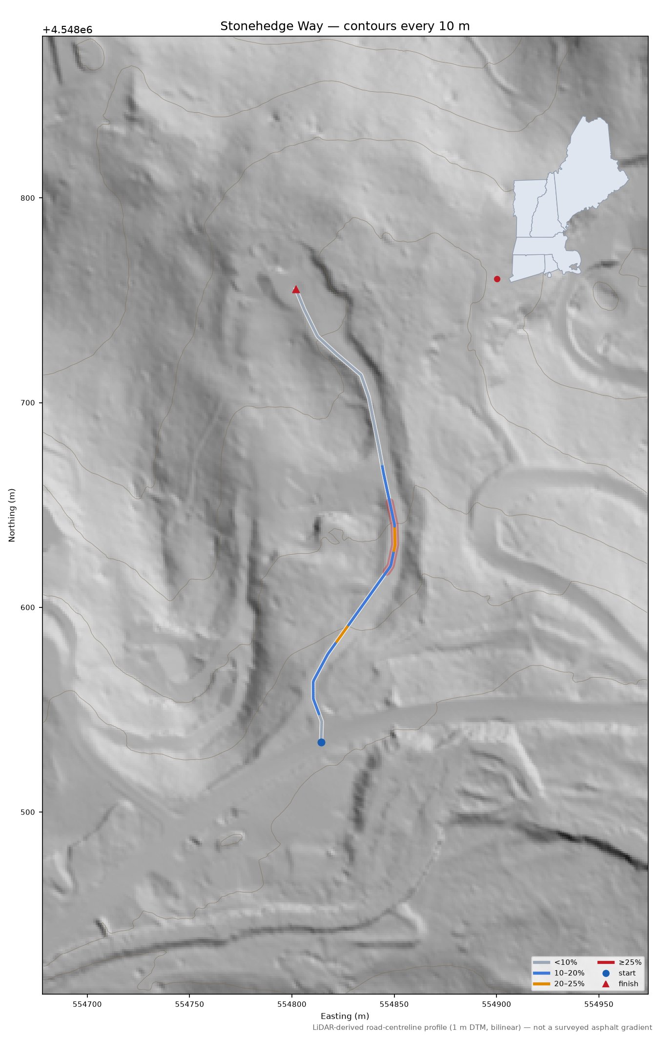 Stonehedge Way LiDAR hillshade map with contours
