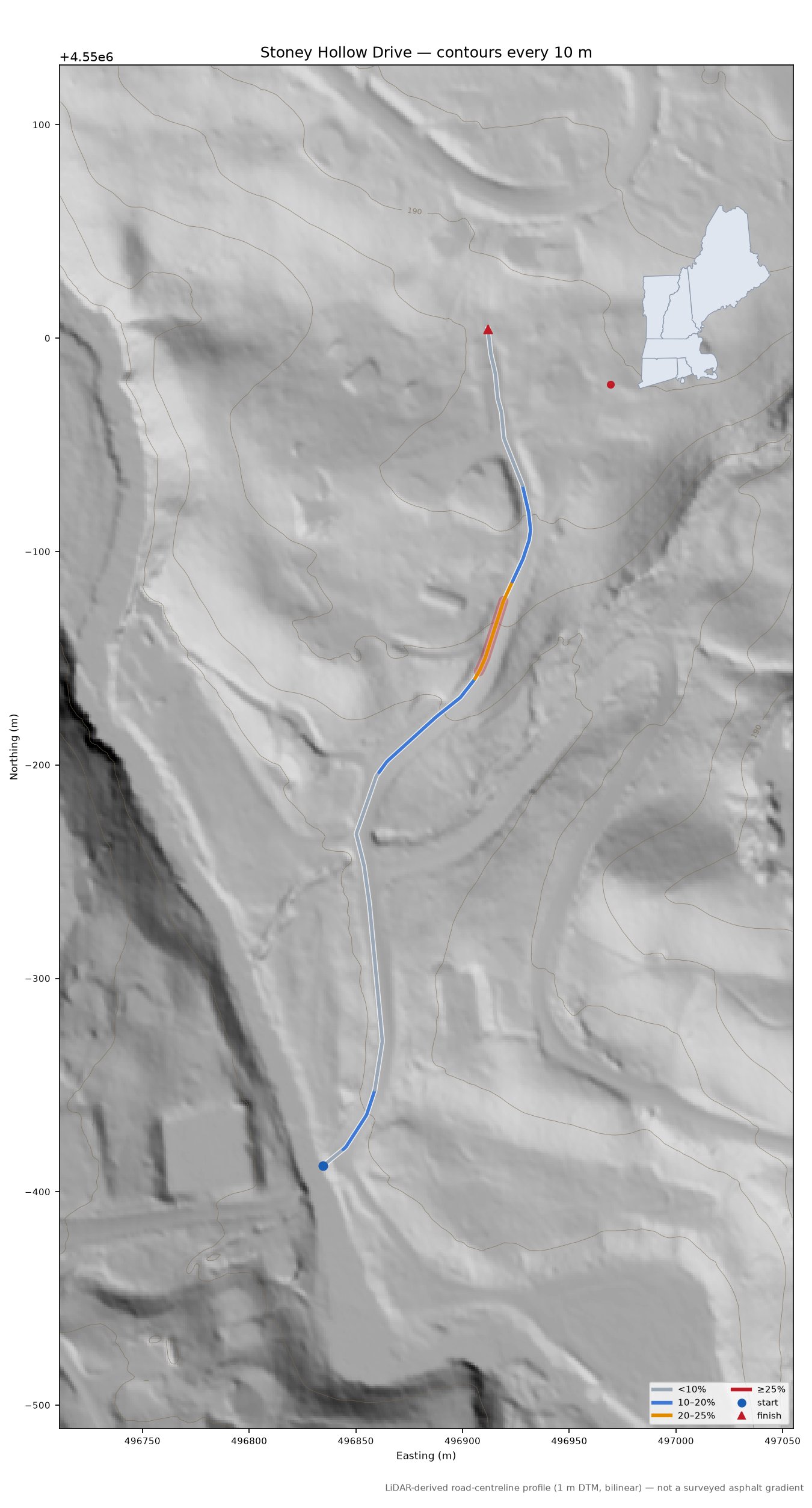 Stoney Hollow Drive LiDAR hillshade map with contours