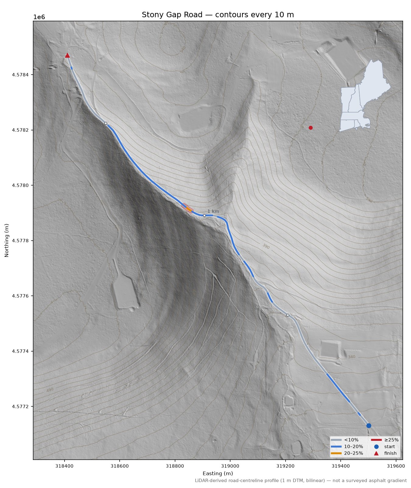 Stony Gap Road LiDAR hillshade map with contours