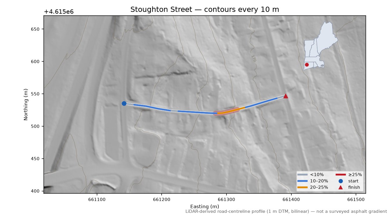 Stoughton Street LiDAR hillshade map with contours