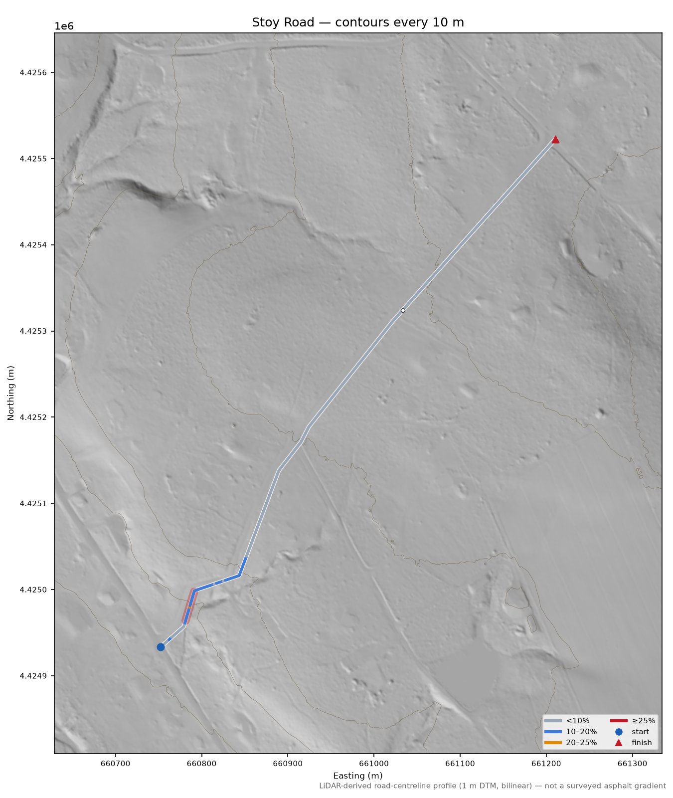 Stoy Road LiDAR hillshade map with contours