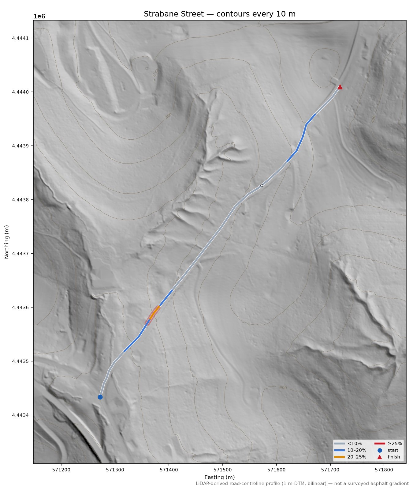 Strabane Street LiDAR hillshade map with contours