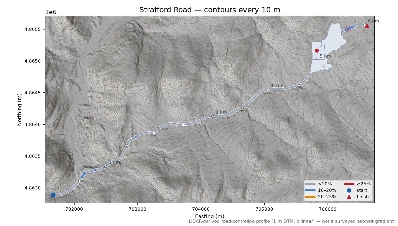 Strafford Road LiDAR hillshade map with contours