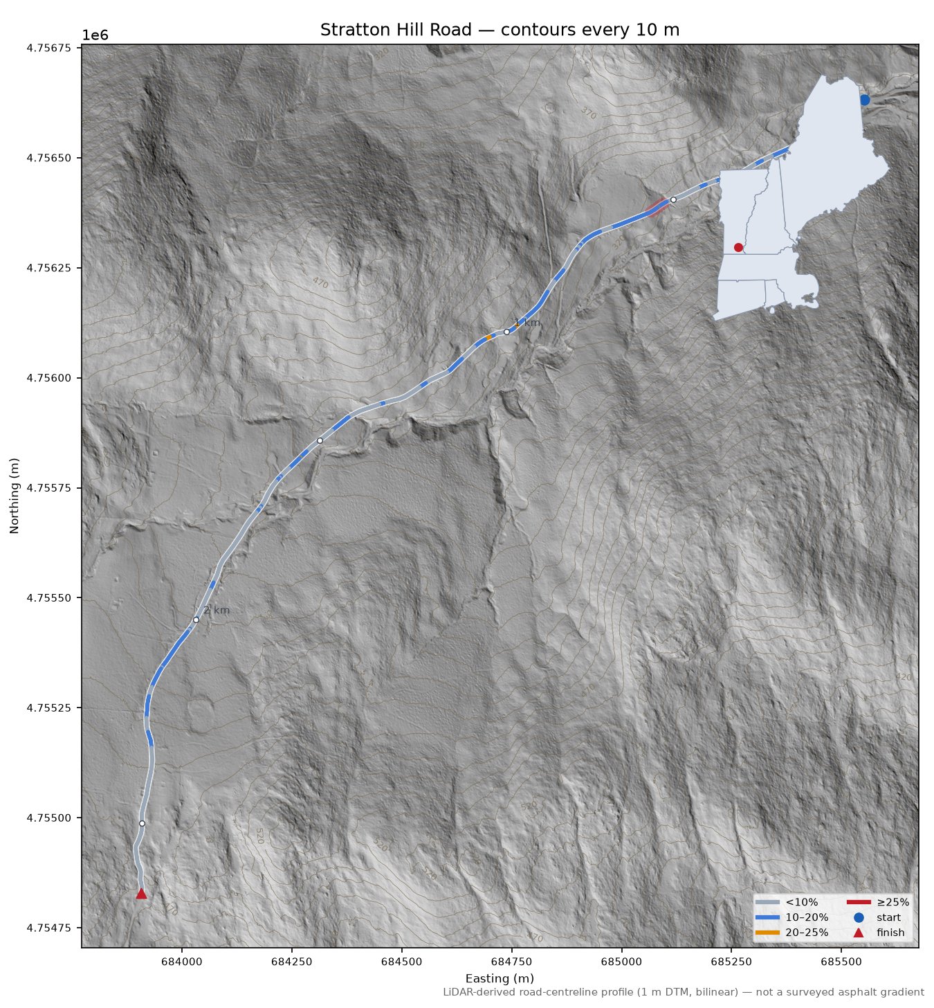 Stratton Hill Road LiDAR hillshade map with contours