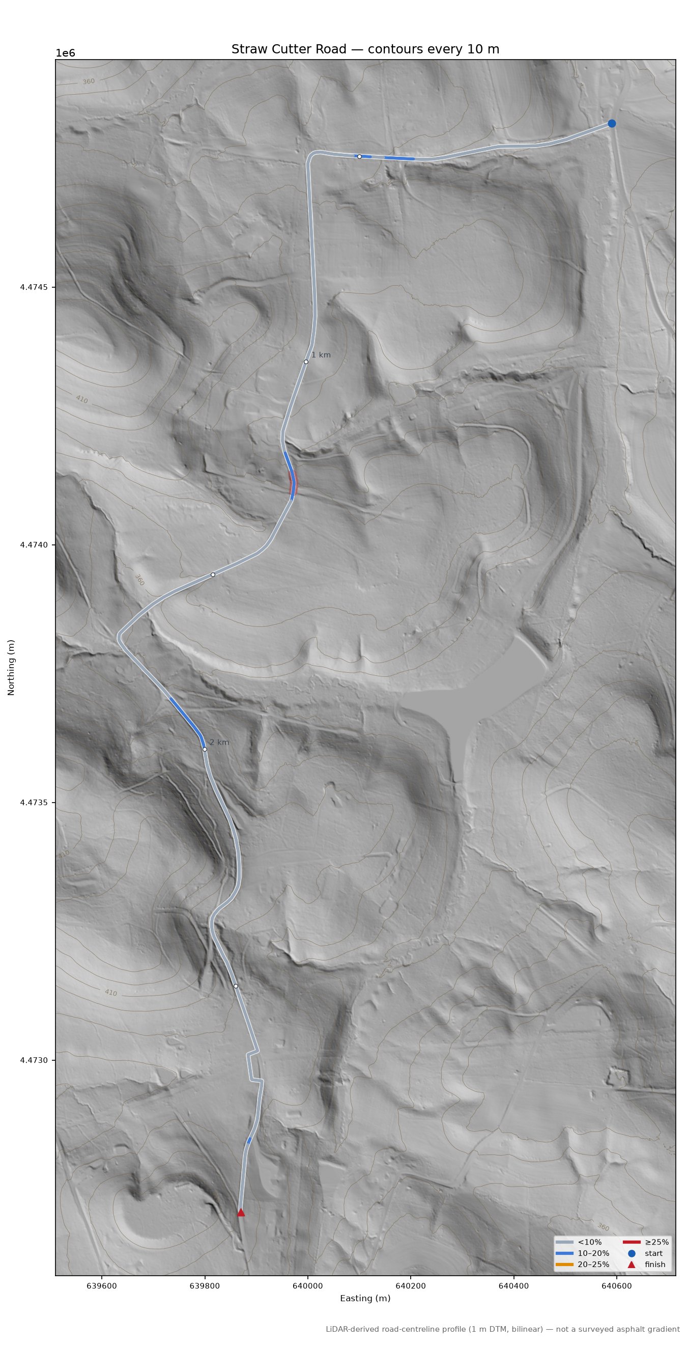 Straw Cutter Road LiDAR hillshade map with contours